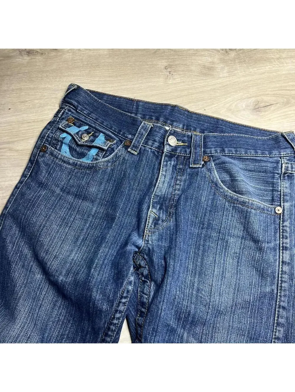 True Religion wide leg jeans painted pockets